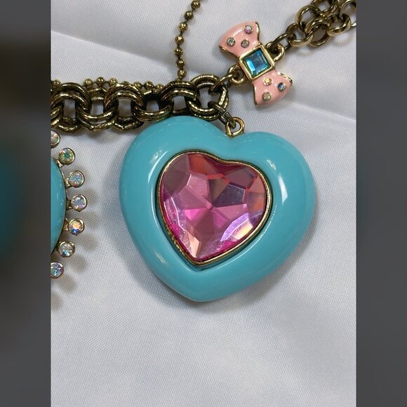 Betsey Johnson Hearts & Bows Necklace Chunky Pink & Blue with Gold Choker Boho - Picture 10 of 14